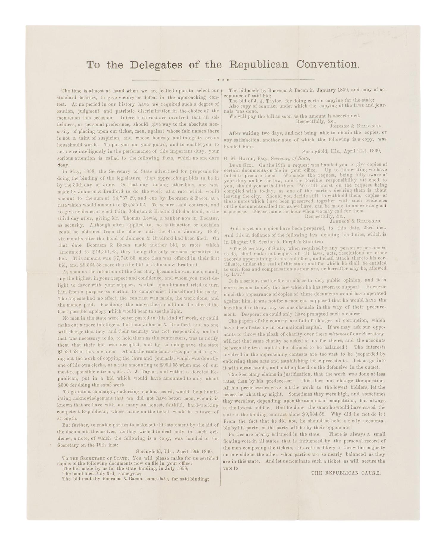 [LINCOLN-HAMLIN CAMPAIGN]. "Republican" Supplement...Chicago Convention Adjourned! Lincoln Nominated!! For President! [Pekin, IL] : Tazewell Republican, ca 19 May 1860.