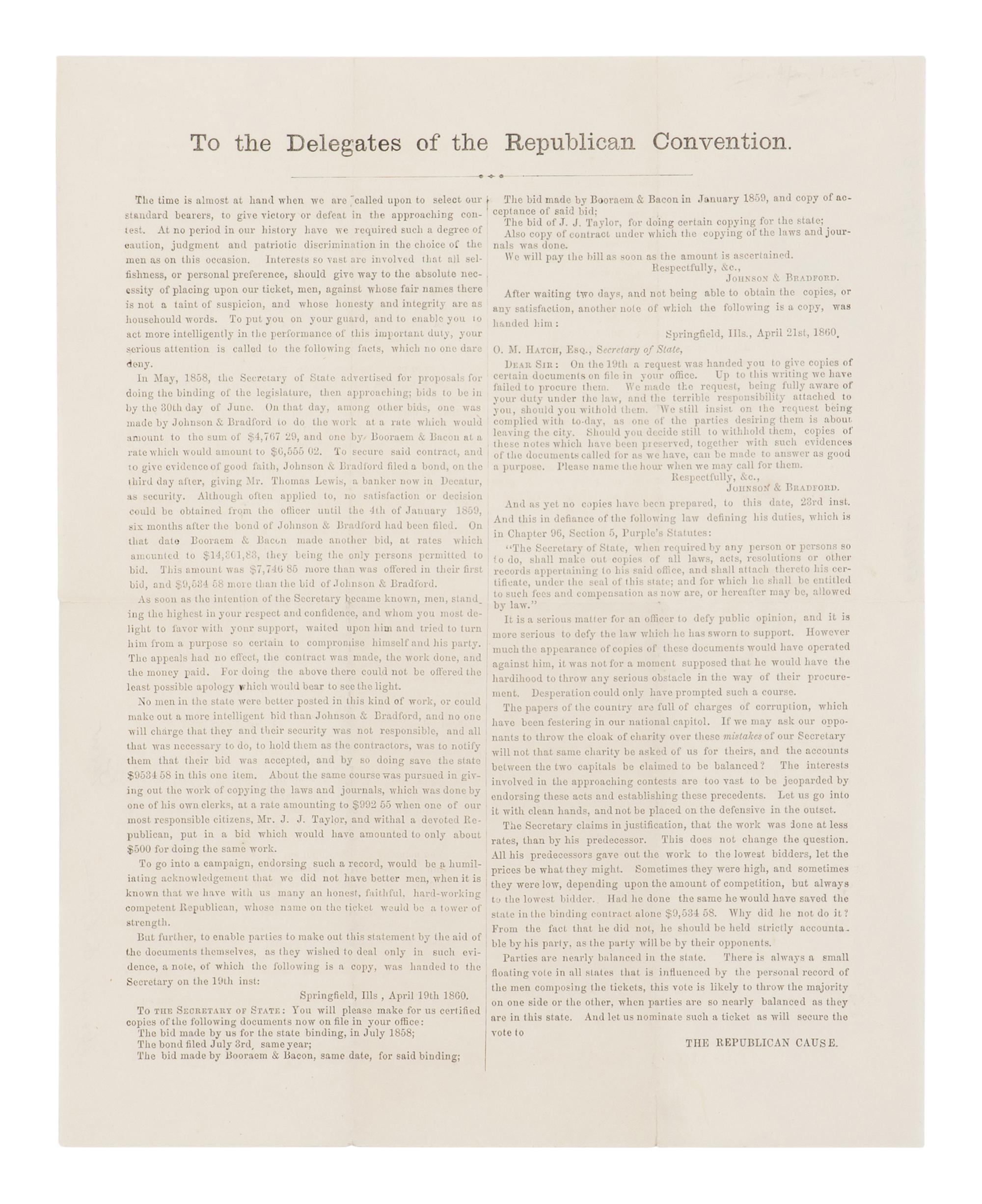 [LINCOLN-HAMLIN CAMPAIGN]. "Republican" Supplement...Chicago Convention Adjourned! Lincoln Nominated!! For President! [Pekin, IL] : Tazewell Republican, ca 19 May 1860.