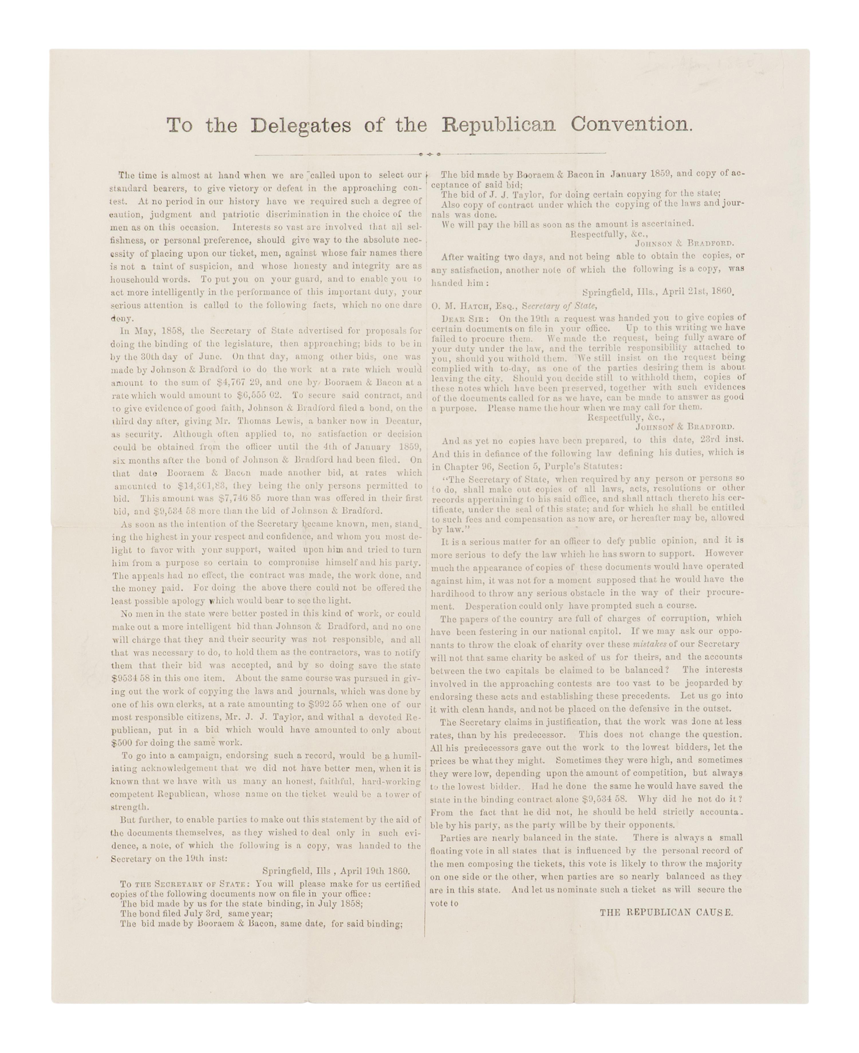 [LINCOLN-HAMLIN CAMPAIGN]. "Republican" Supplement...Chicago Convention Adjourned! Lincoln Nominated!! For President! [Pekin, IL] : Tazewell Republican, ca 19 May 1860.