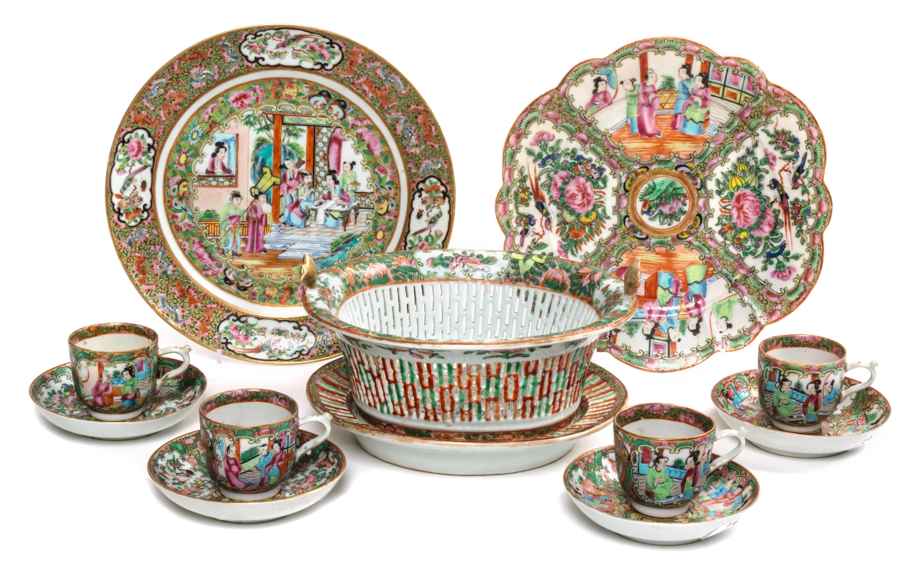 A Group of Eight Rose Medallion Porcelain Articles Diameter of largest 14 3/4 inches.