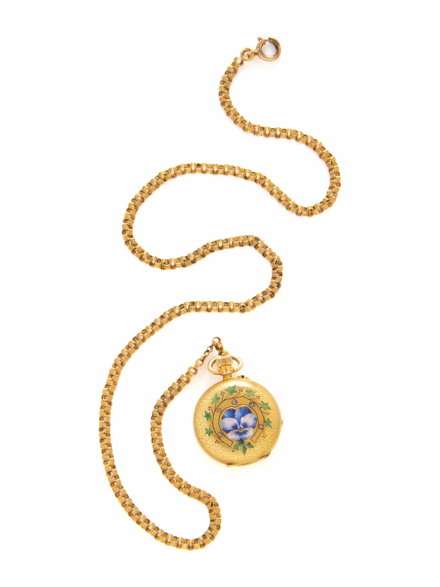 YELLOW GOLD, ENAMEL AND DIAMOND POCKET WATCH AND FOB CHAIN
