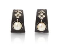 A Pair of Art Moderne Blackened Steel, White Gold, Cultured Pearl and Diamond Earclips, Marsh & Co., 6.00 dwts.