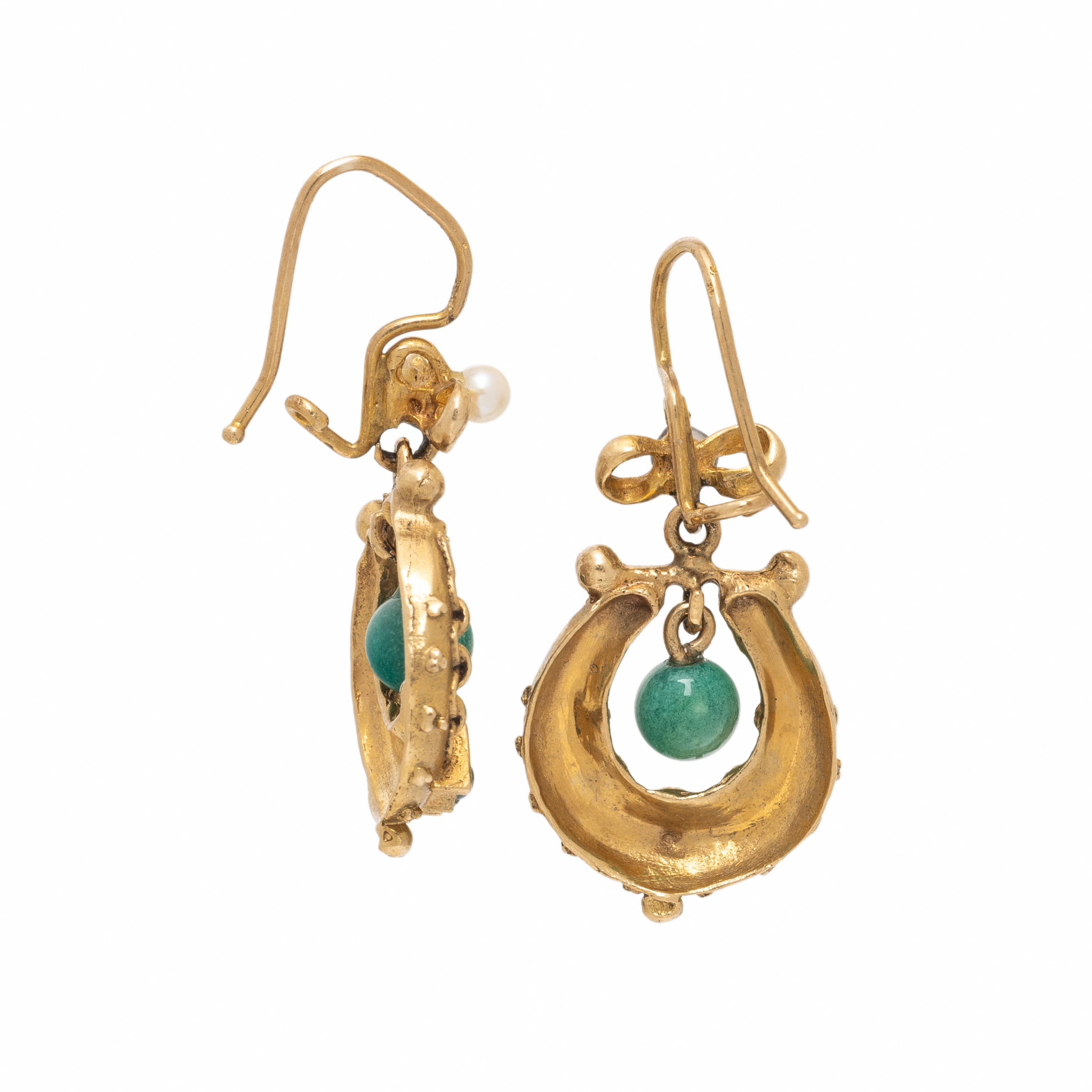 Yellow Gold, Seed Pearl, and Hardstone Earrings