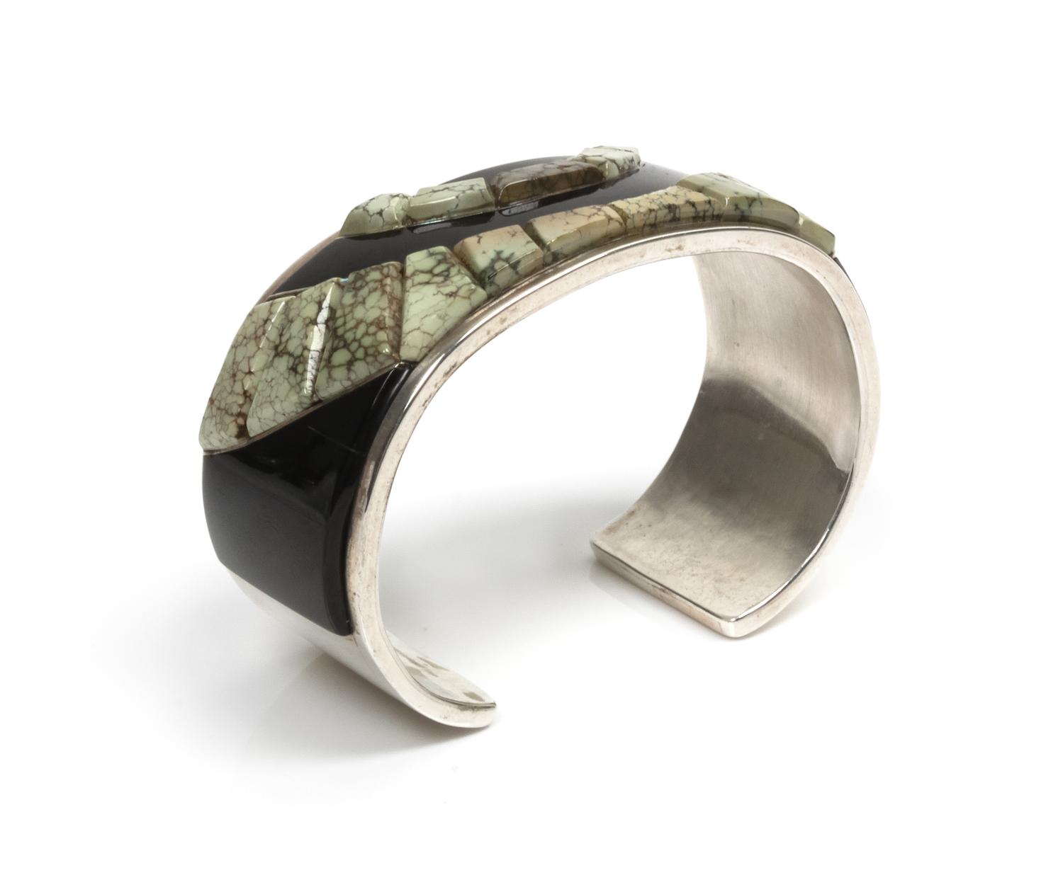 A Navajo Silver, Jet and Damele Turquoise Cuff, Victor Trujillo, Gertrude Zachary Shop Length 6 1/4 plus opening of 1 1/8 inches.