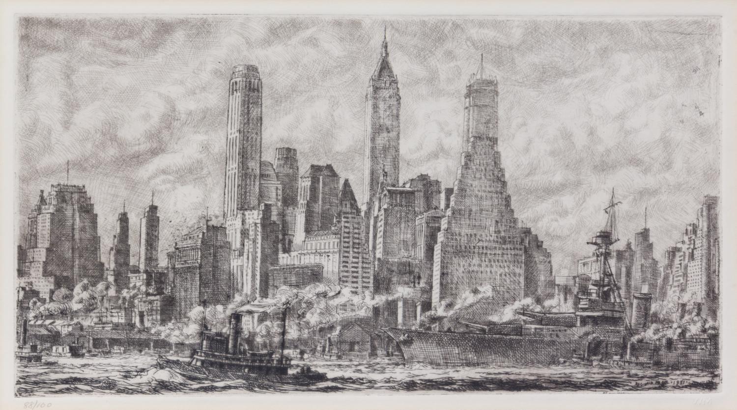 Reginald Marsh, (American, 1898-1954), Skyline from Pier 10 Brooklyn, 1931