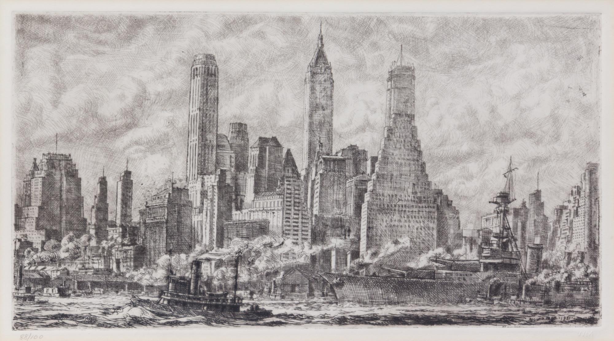 Reginald Marsh, (American, 1898-1954), Skyline from Pier 10 Brooklyn, 1931