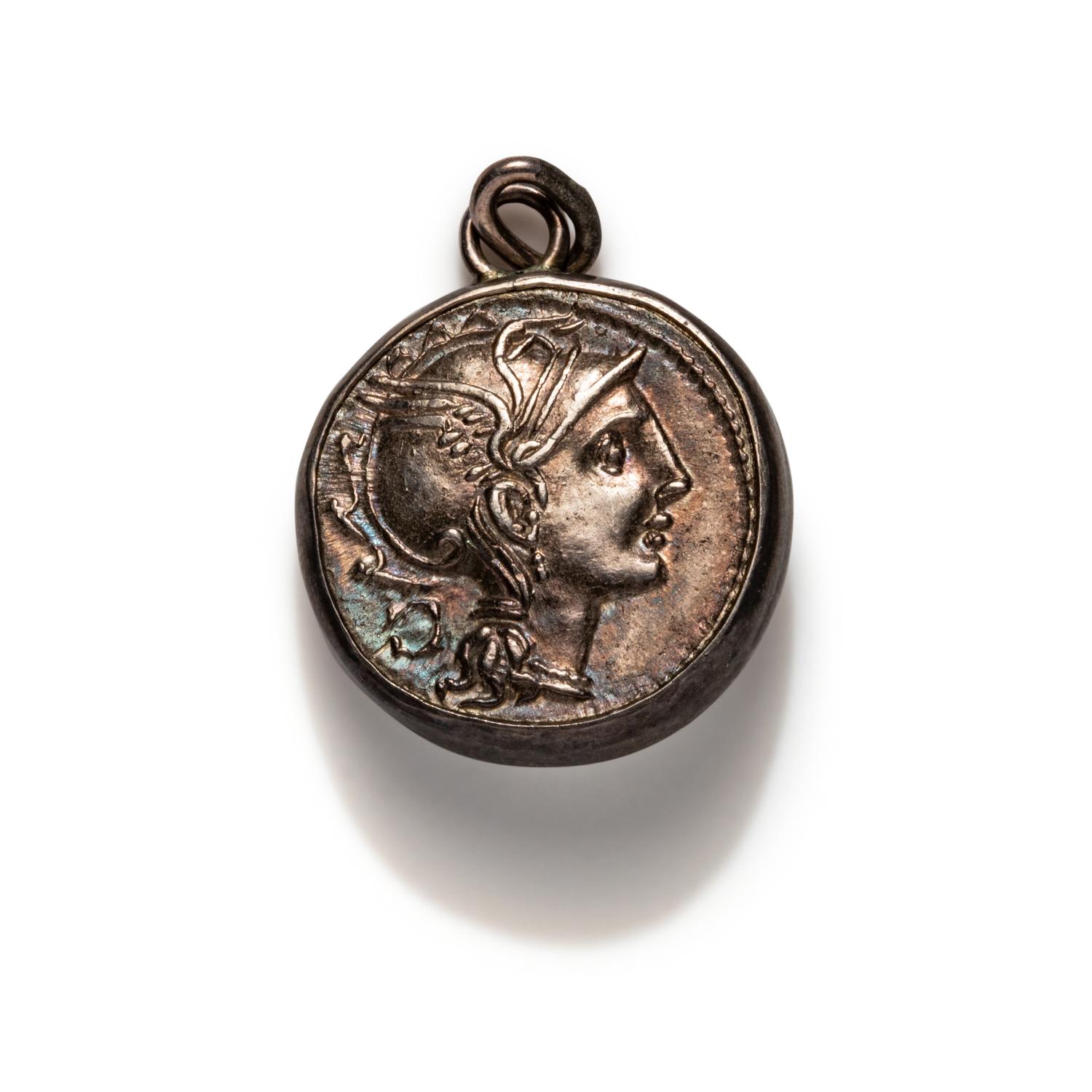 A Silver Denarius with Titus Mallius and Appius Claudius — Set in a silver pendant