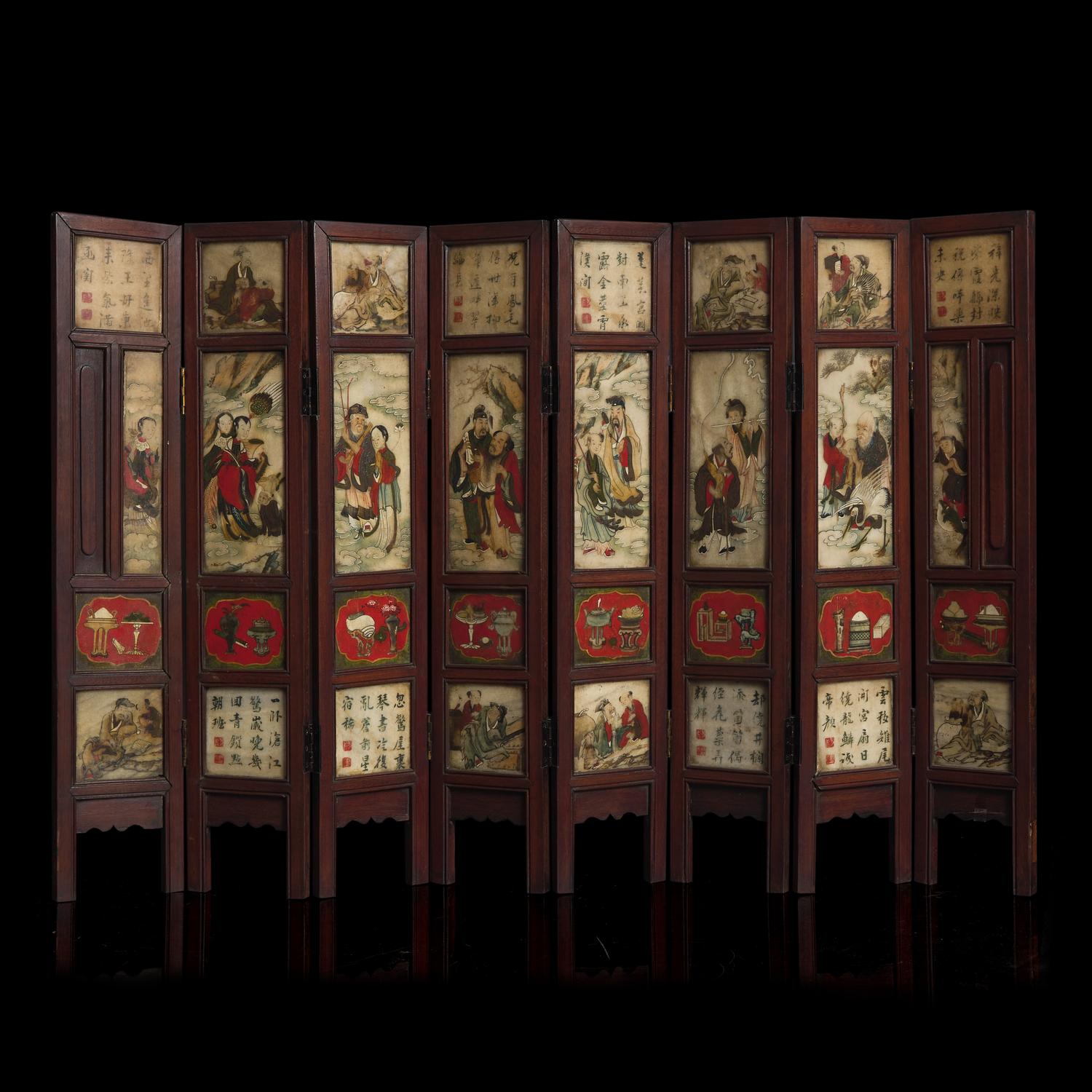 A Chinese Polychromed Marble Inset Wood Eight-Fold Table Screen, Qing Dynasty, 19th Century 清中晚期 五色大理石嵌八開屏風