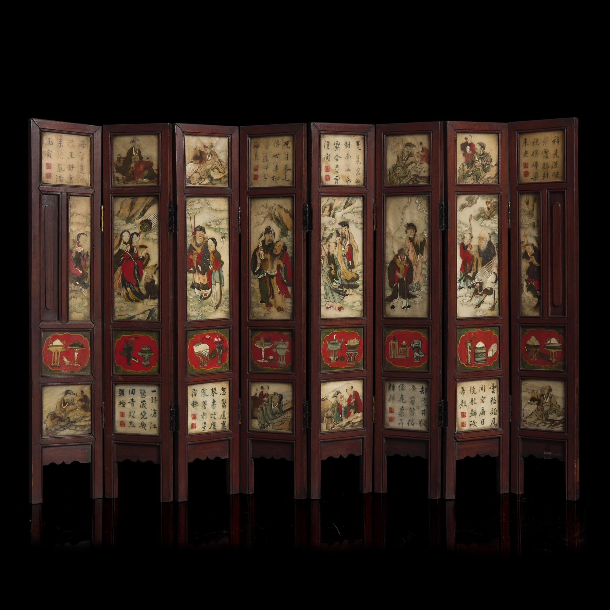 A Chinese Polychromed Marble Inset Wood Eight-Fold Table Screen, Qing Dynasty, 19th Century 清中晚期 五色大理石嵌八開屏風