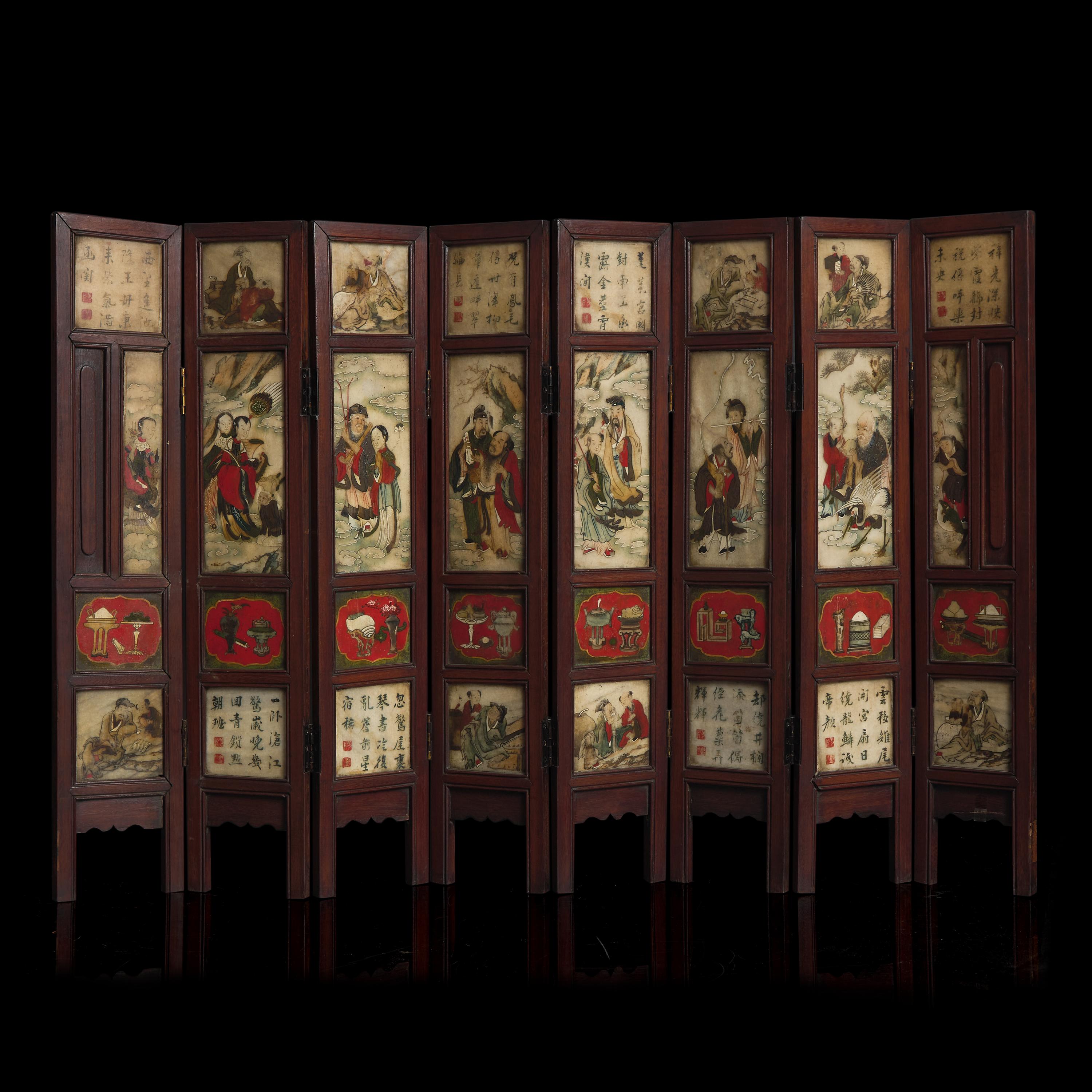 A Chinese Polychromed Marble Inset Wood Eight-Fold Table Screen, Qing Dynasty, 19th Century 清中晚期 五色大理石嵌八開屏風