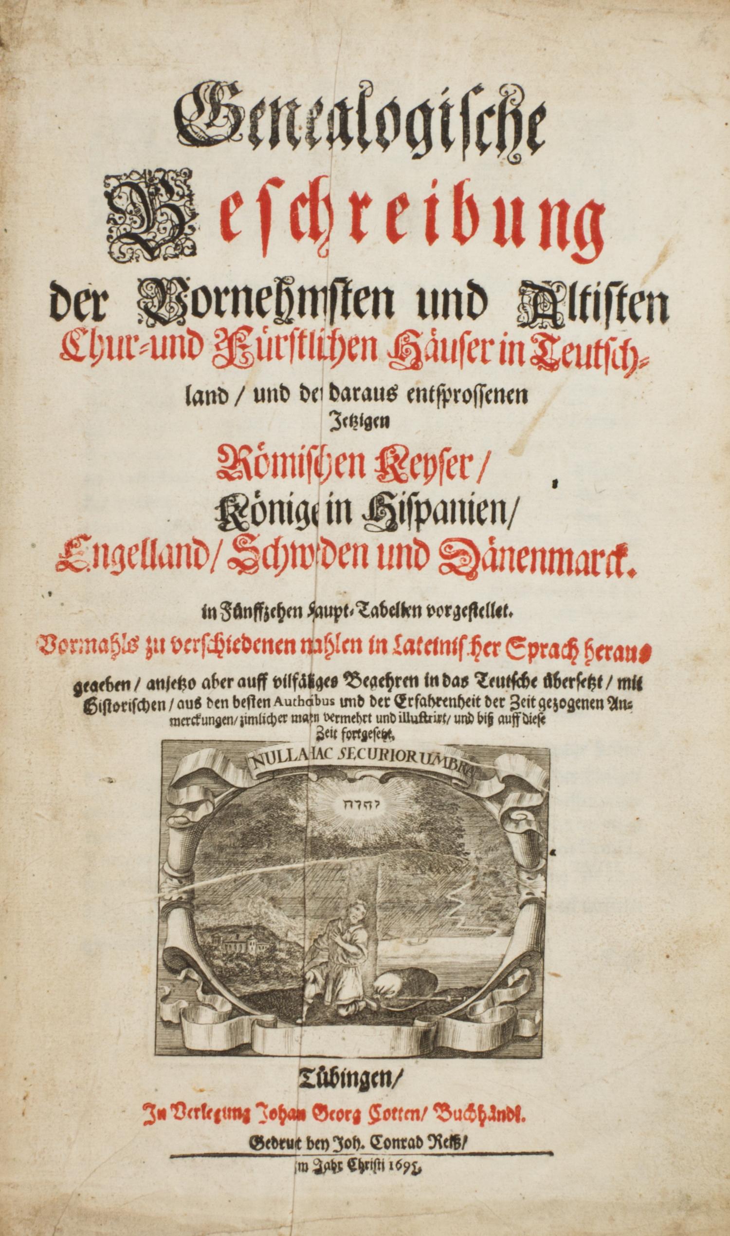 (GENEALOGY) A group of four works pertaining to genealogy, in six vols., together with one other.