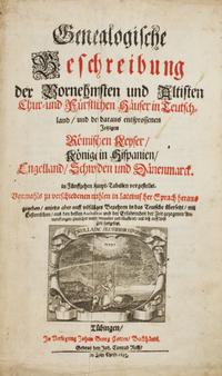 (GENEALOGY) A group of four works pertaining to genealogy, in six vols., together with one other.