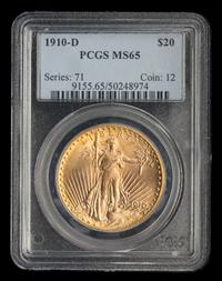 A United States 1910-D St. Gaudens $20 Gold Coin