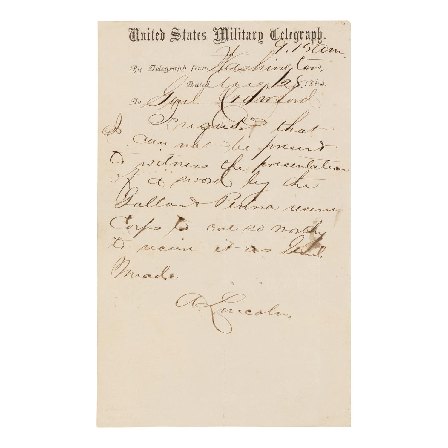[LINCOLN, Abraham (1809-1865)]. Telegraph message to General Samuel W. Crawford in a surrogate hand, Washington, D.C. 28 August 1863.