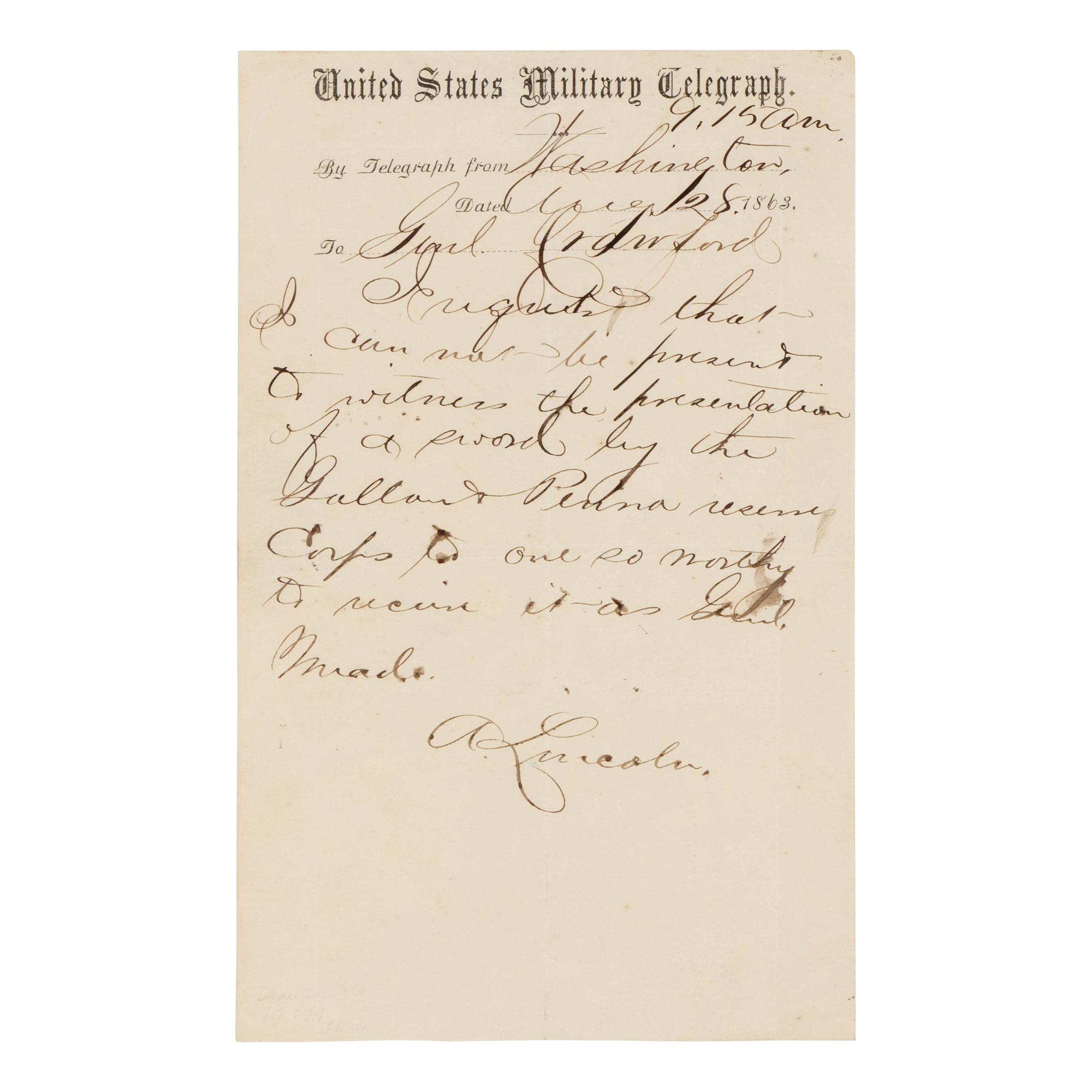 [LINCOLN, Abraham (1809-1865)]. Telegraph message to General Samuel W. Crawford in a surrogate hand, Washington, D.C. 28 August 1863.