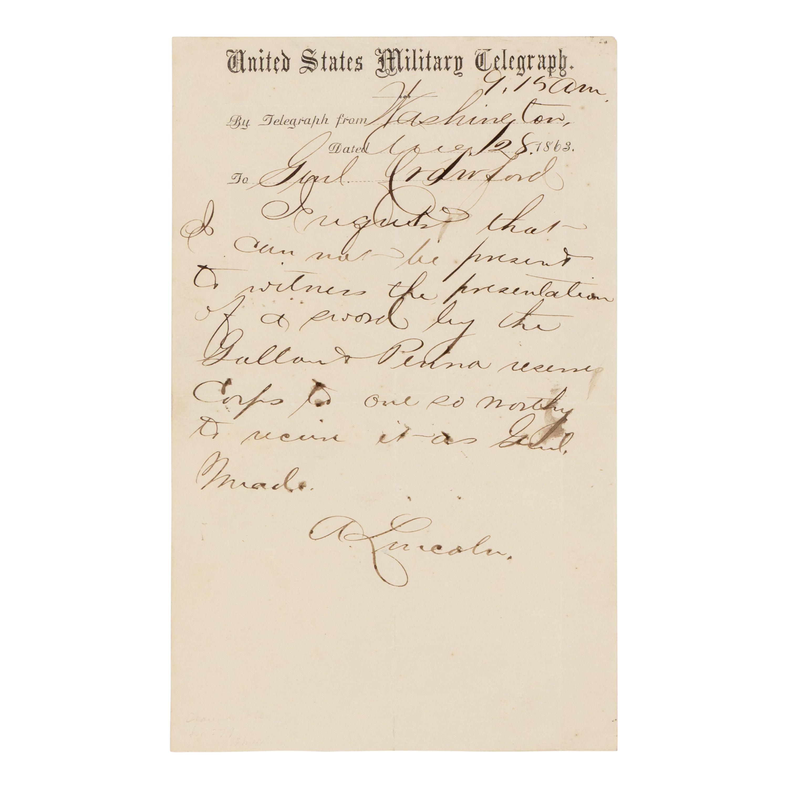 [LINCOLN, Abraham (1809-1865)]. Telegraph message to General Samuel W. Crawford in a surrogate hand, Washington, D.C. 28 August 1863.