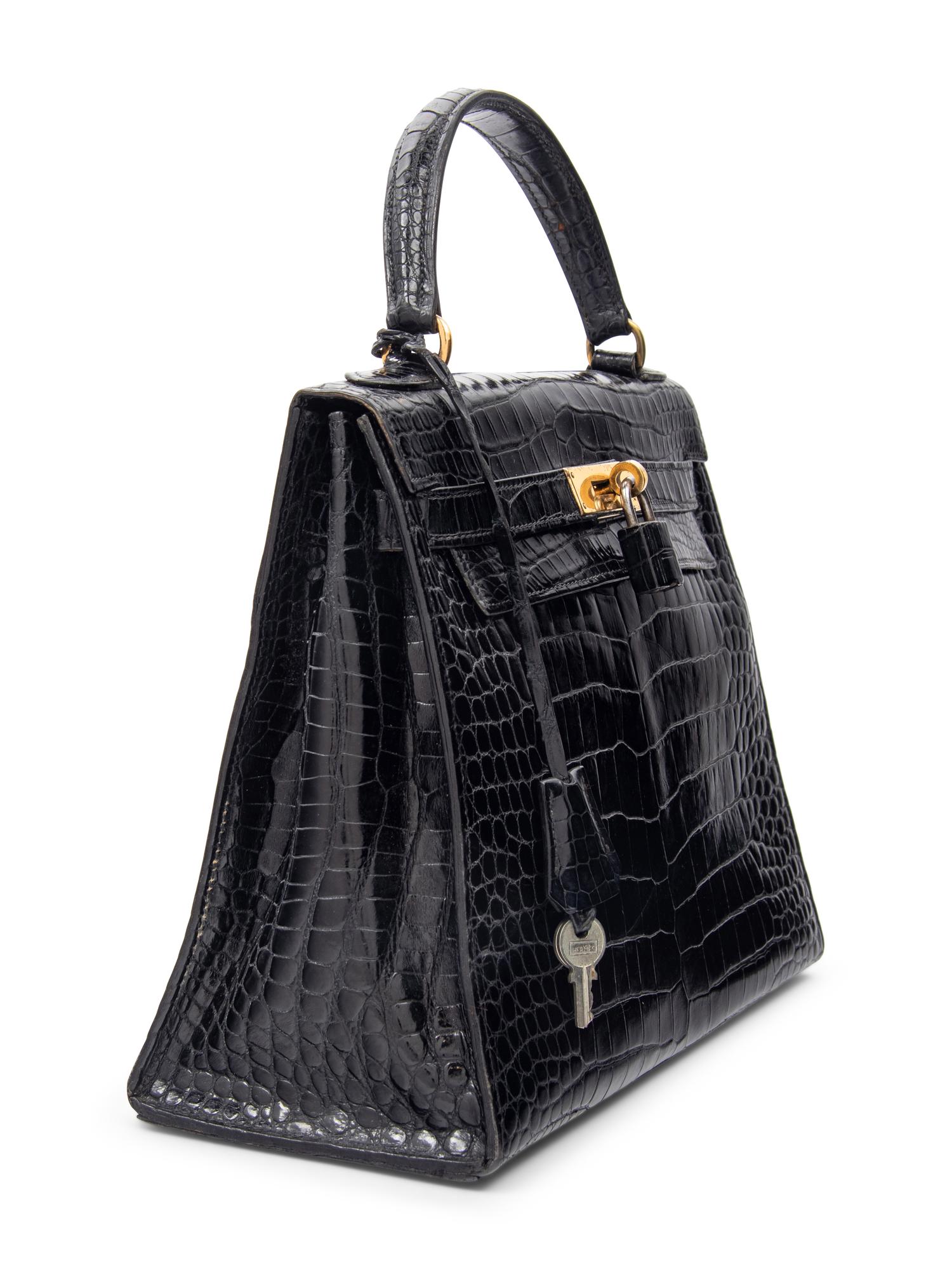 Hermès 28cm Black Porosus Crocodile Bag, 1960s