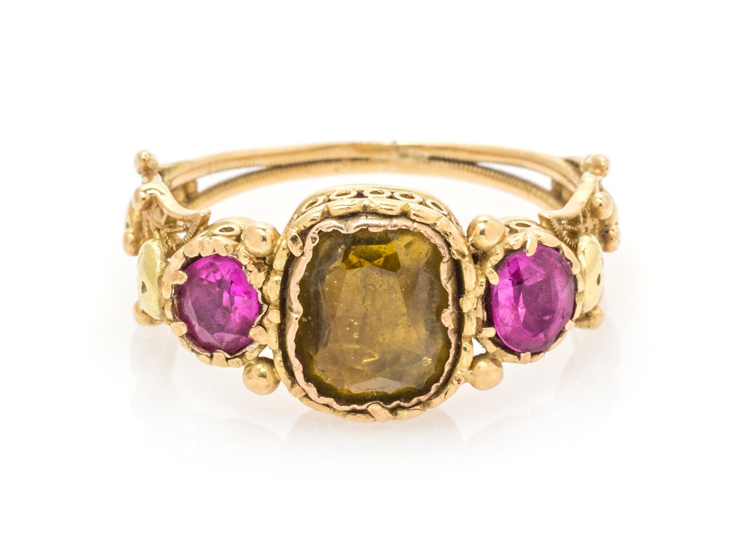 An Antique Yellow Gold, Yellow Gemstone and Ruby Ring, 2.40 dwts.