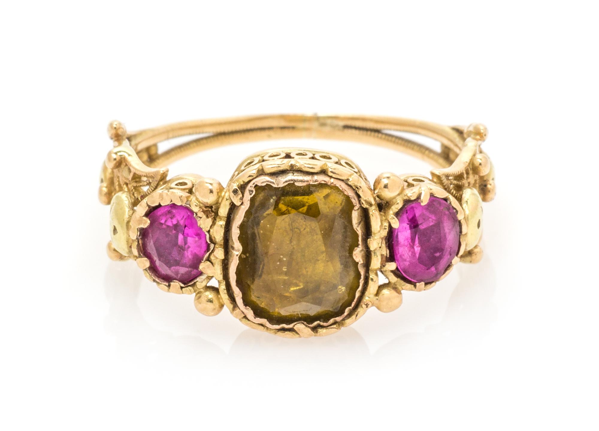 An Antique Yellow Gold, Yellow Gemstone and Ruby Ring, 2.40 dwts.
