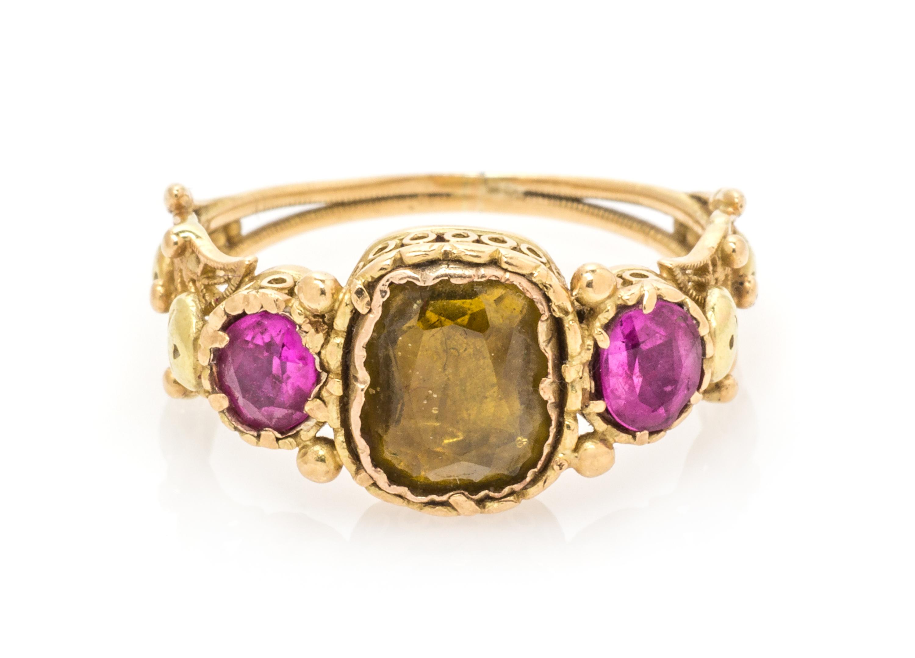 An Antique Yellow Gold, Yellow Gemstone and Ruby Ring, 2.40 dwts.