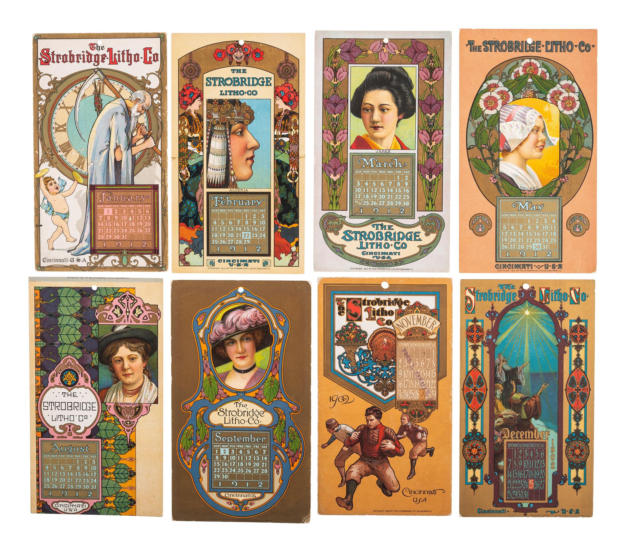 [ADVERTISING]. A group of 55+ Strobridge Litho Co. calendar cards. Cincinnati, OH: 1903-1912.