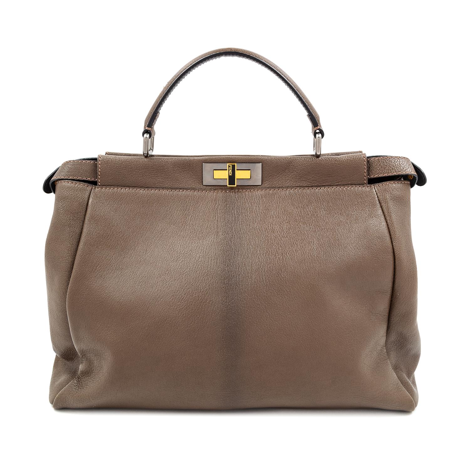 A Fendi Taupe Leather Large Peekaboo Bag, 12.5" H x 15.5" W x 7" D; Handle drop: 5".