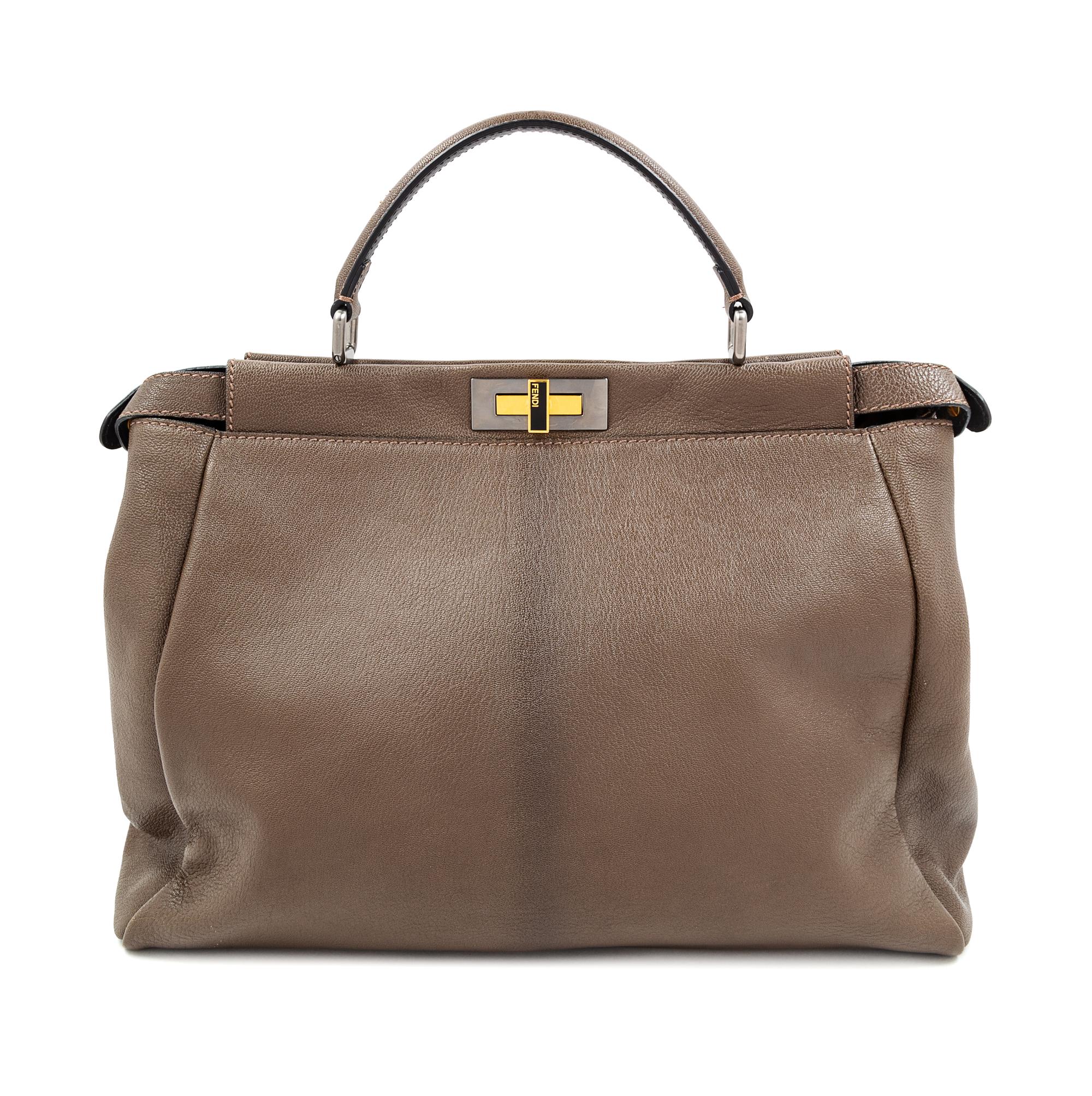 A Fendi Taupe Leather Large Peekaboo Bag, 12.5" H x 15.5" W x 7" D; Handle drop: 5".