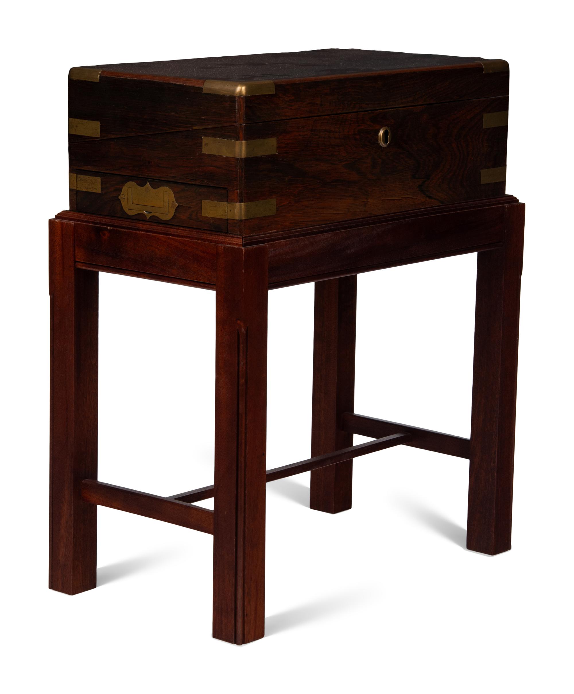 A George III Brass Mounted Walnut Writing Slope on a Later Stand