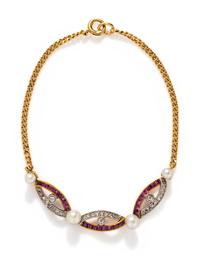 EDWARDIAN, DIAMOND, RUBY AND CULTURED PEARL BRACELET