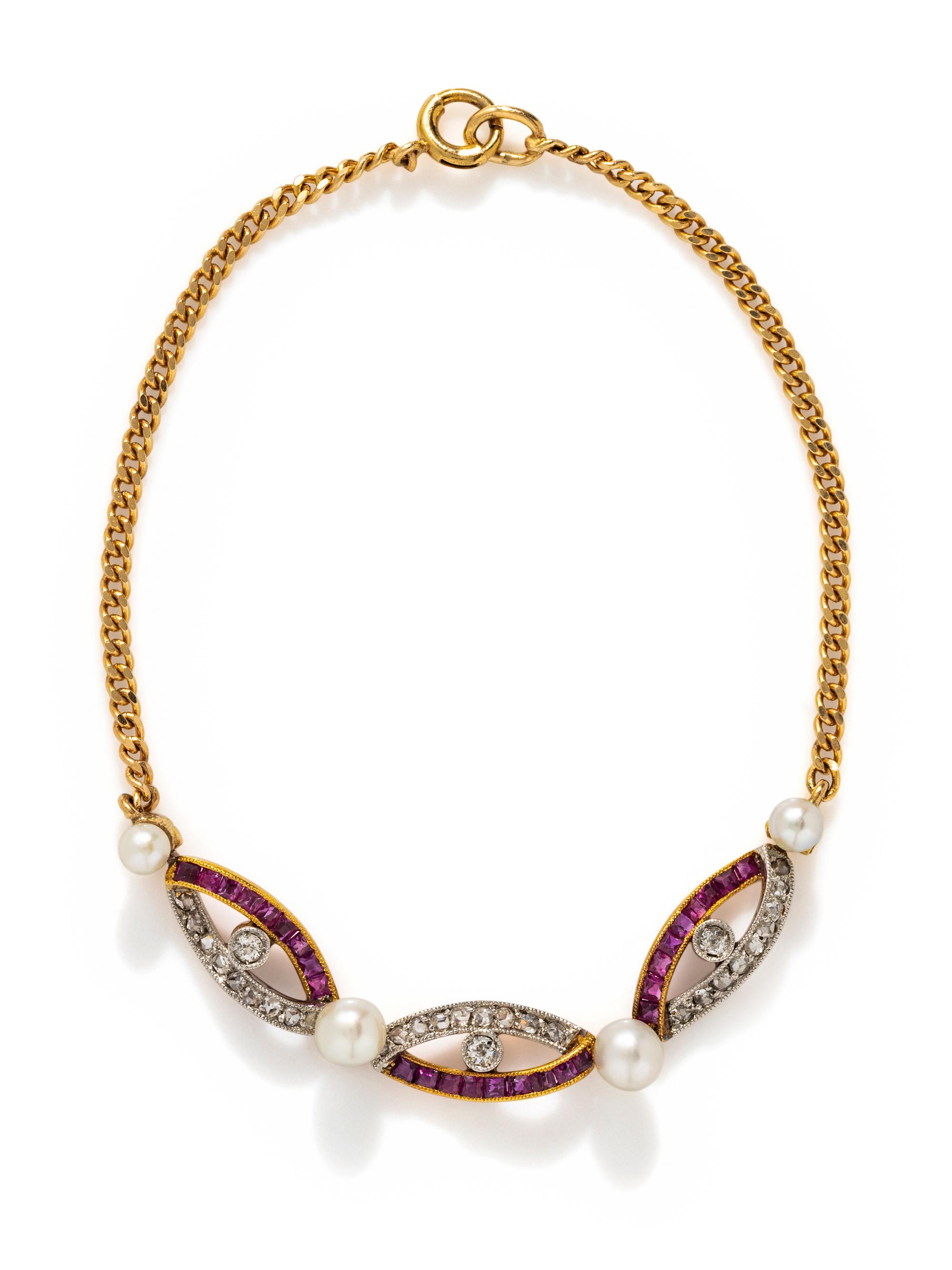 EDWARDIAN, DIAMOND, RUBY AND CULTURED PEARL BRACELET