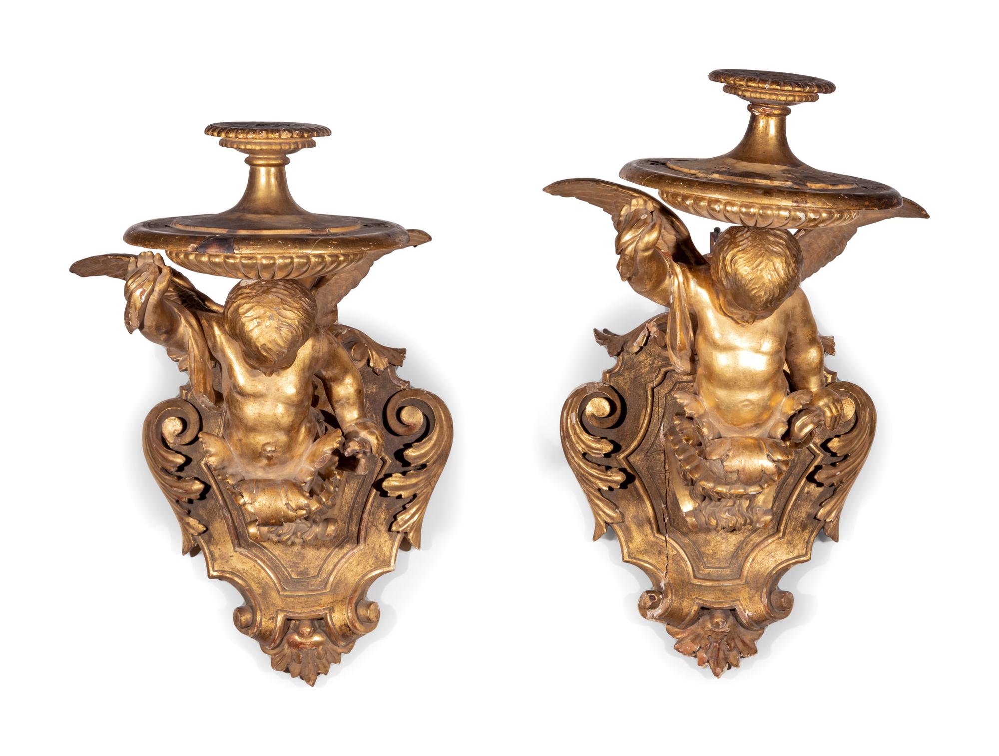 A Pair of Italian Giltwood Figural Wall Brackets