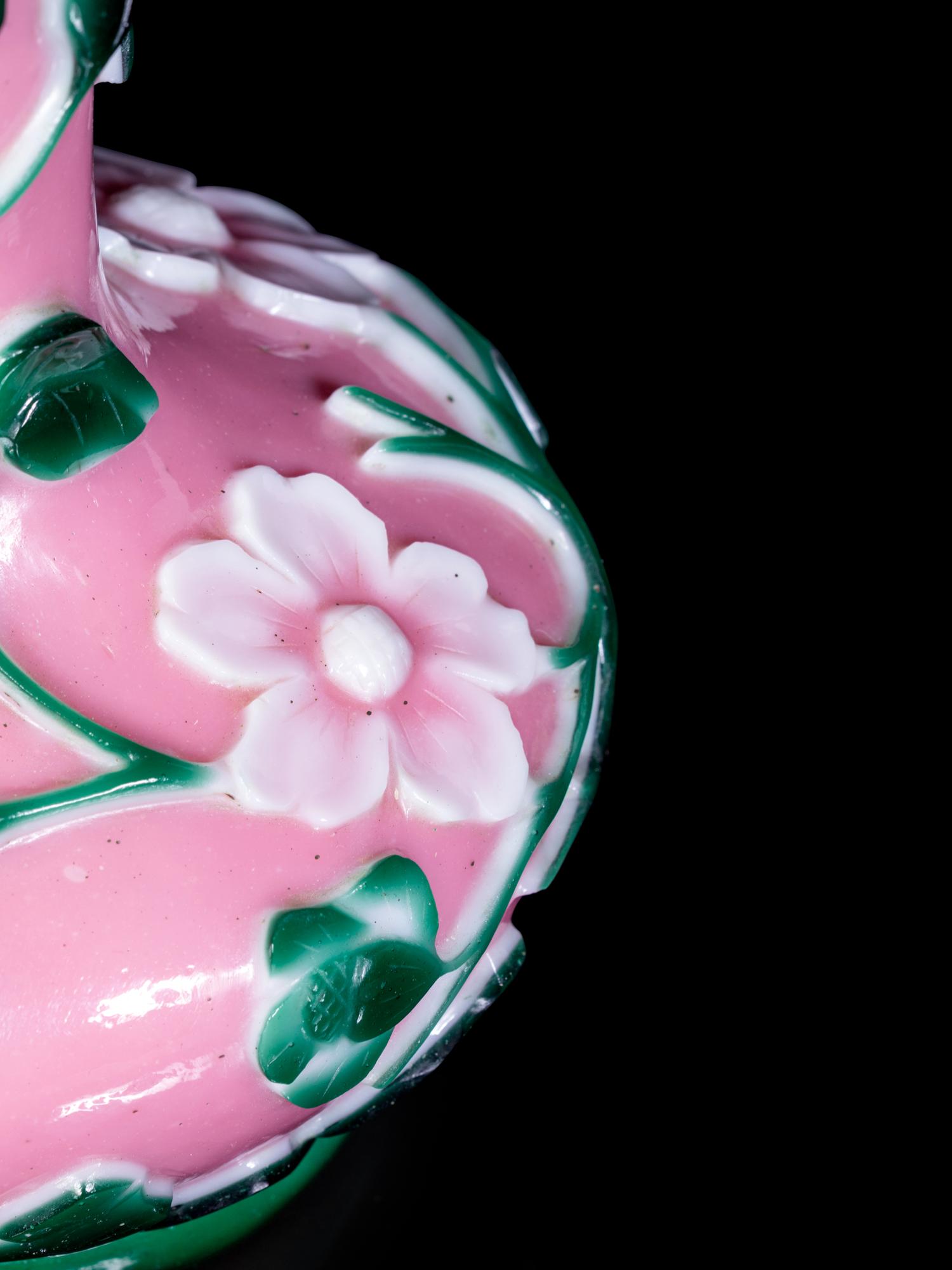 Two Chinese Pink, Green and White Glass Bottle Vases