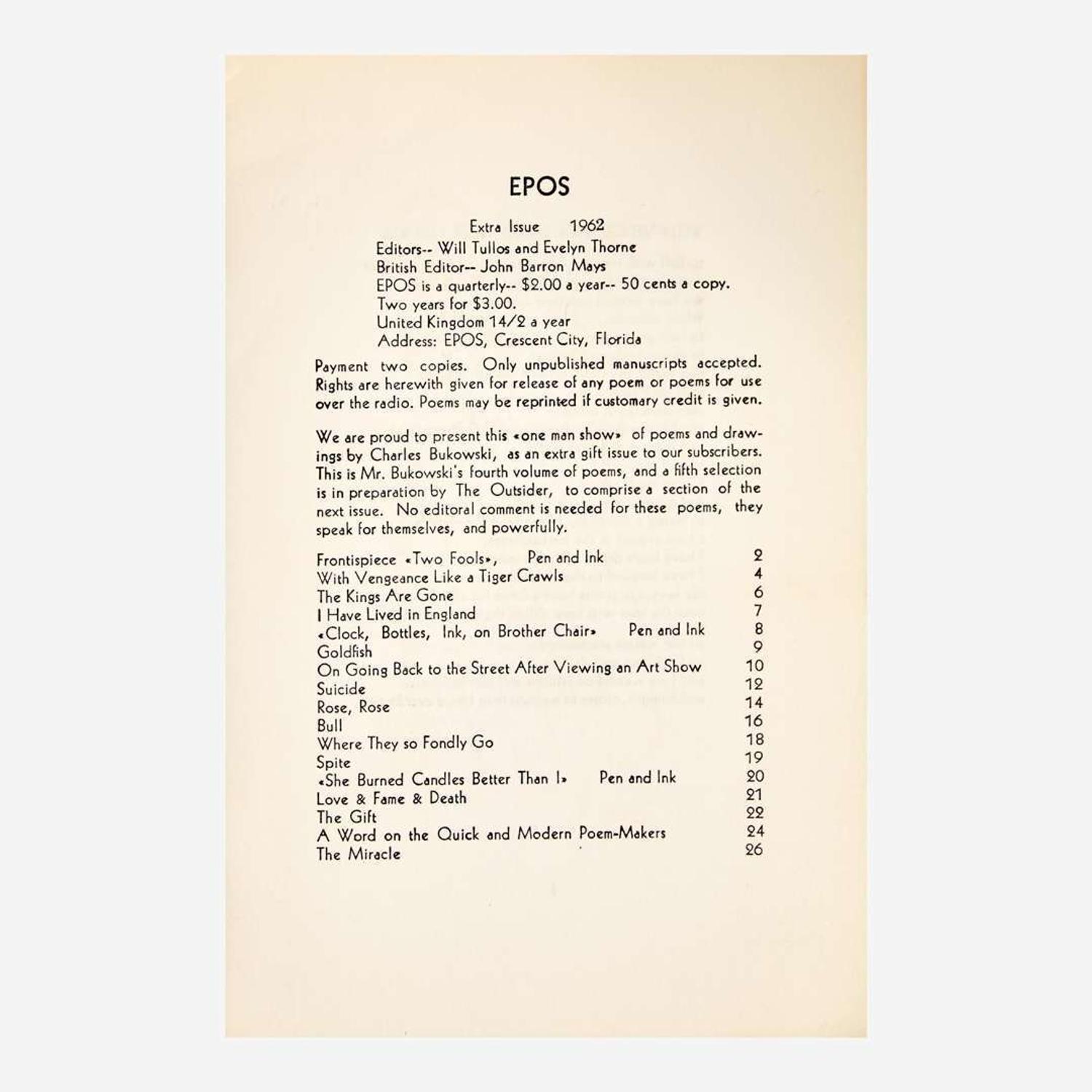 [Counter-Culture] Bukowski, Charles EPOS: A Quarterly of Poetry