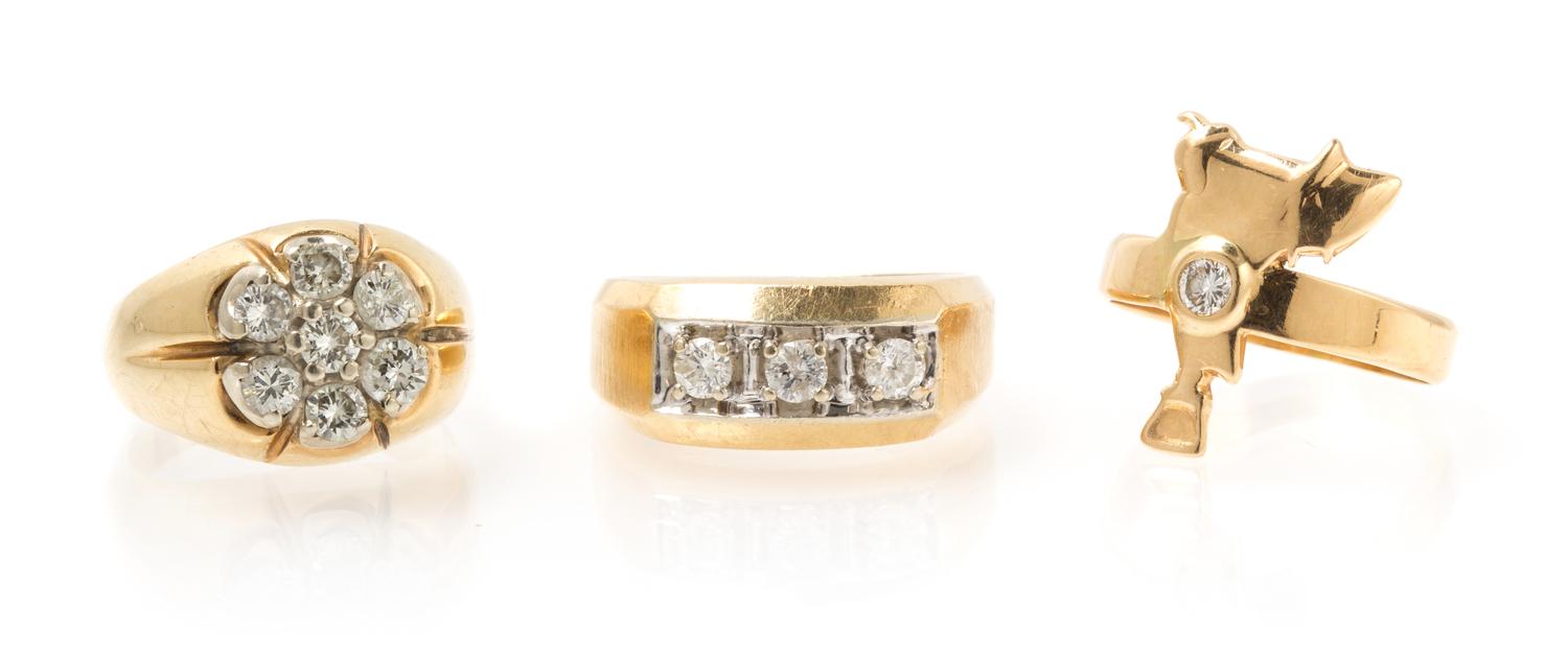 A Collection of 14 Karat Yellow Gold and Diamond Rings, 11.40 dwts.