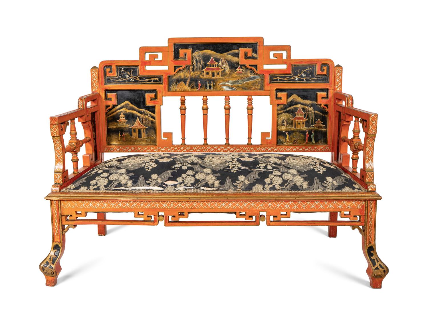 A Seven-Piece Red Painted Chinoiserie Decorated Salon Suite