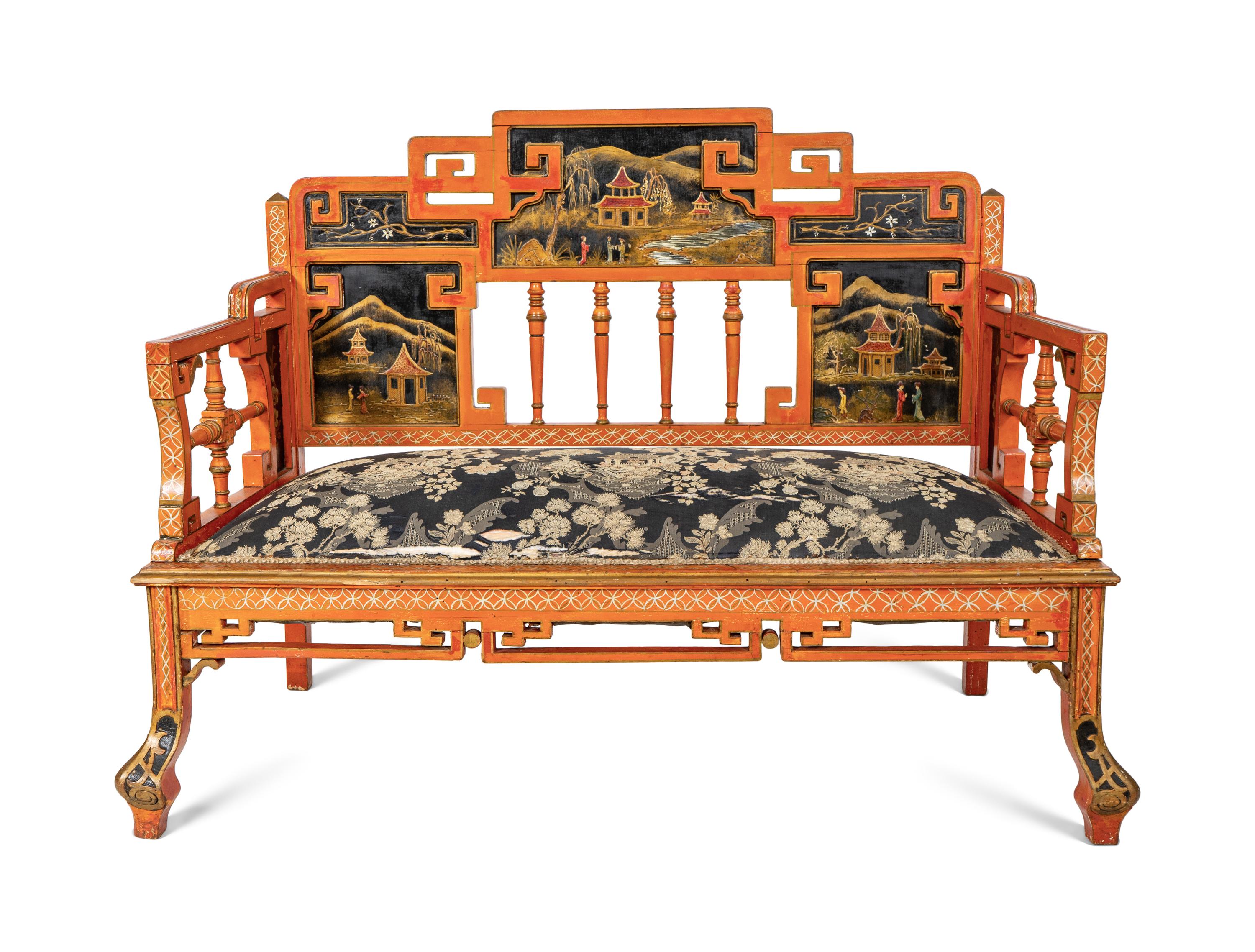 A Seven-Piece Red Painted Chinoiserie Decorated Salon Suite
