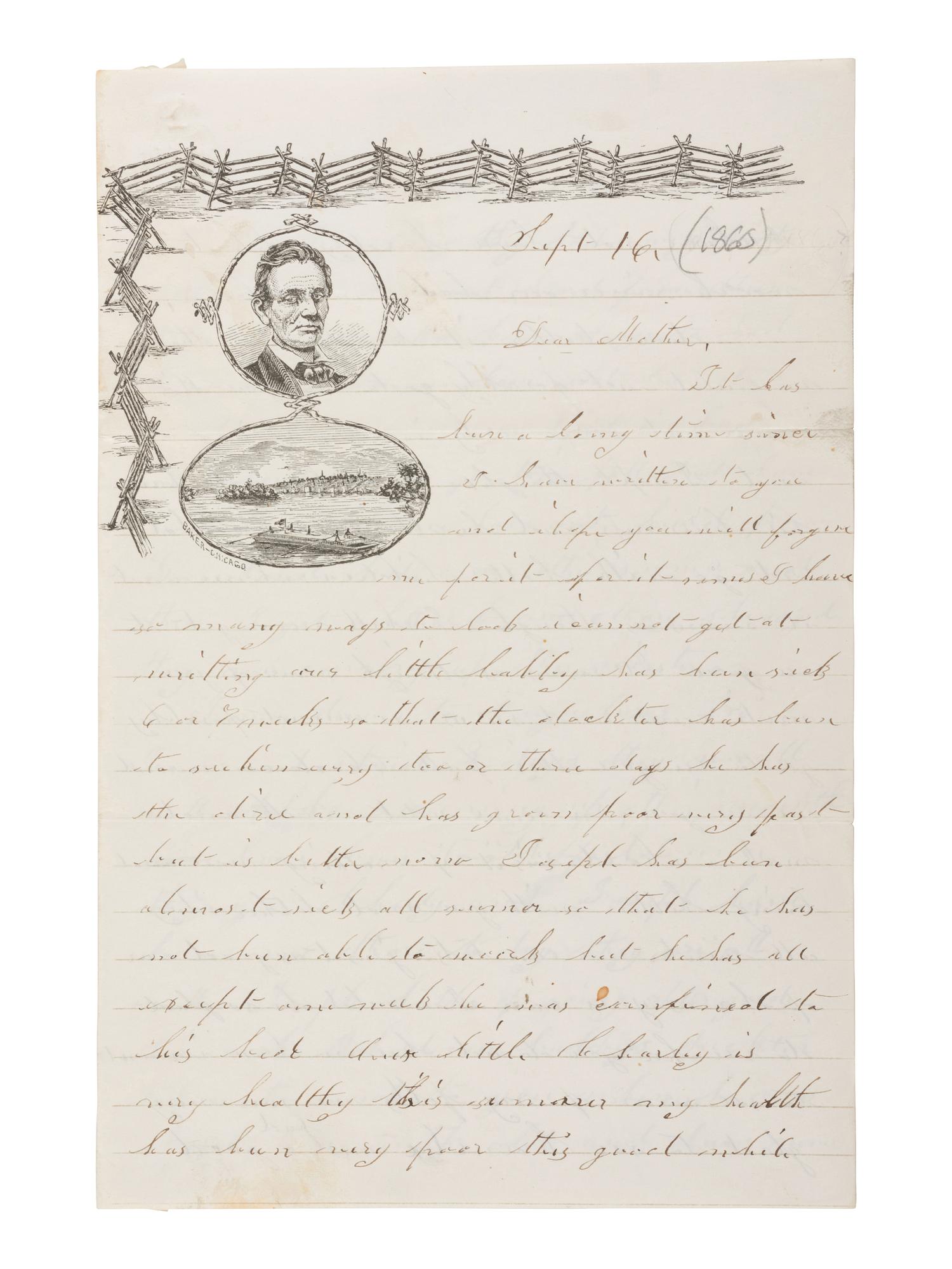 [LINCOLNIANA]. "Beardless Lincoln" lettersheet with "rail fence" design and flatboat below, [1860].