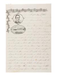 [LINCOLNIANA]. "Beardless Lincoln" lettersheet with "rail fence" design and flatboat below, [1860].