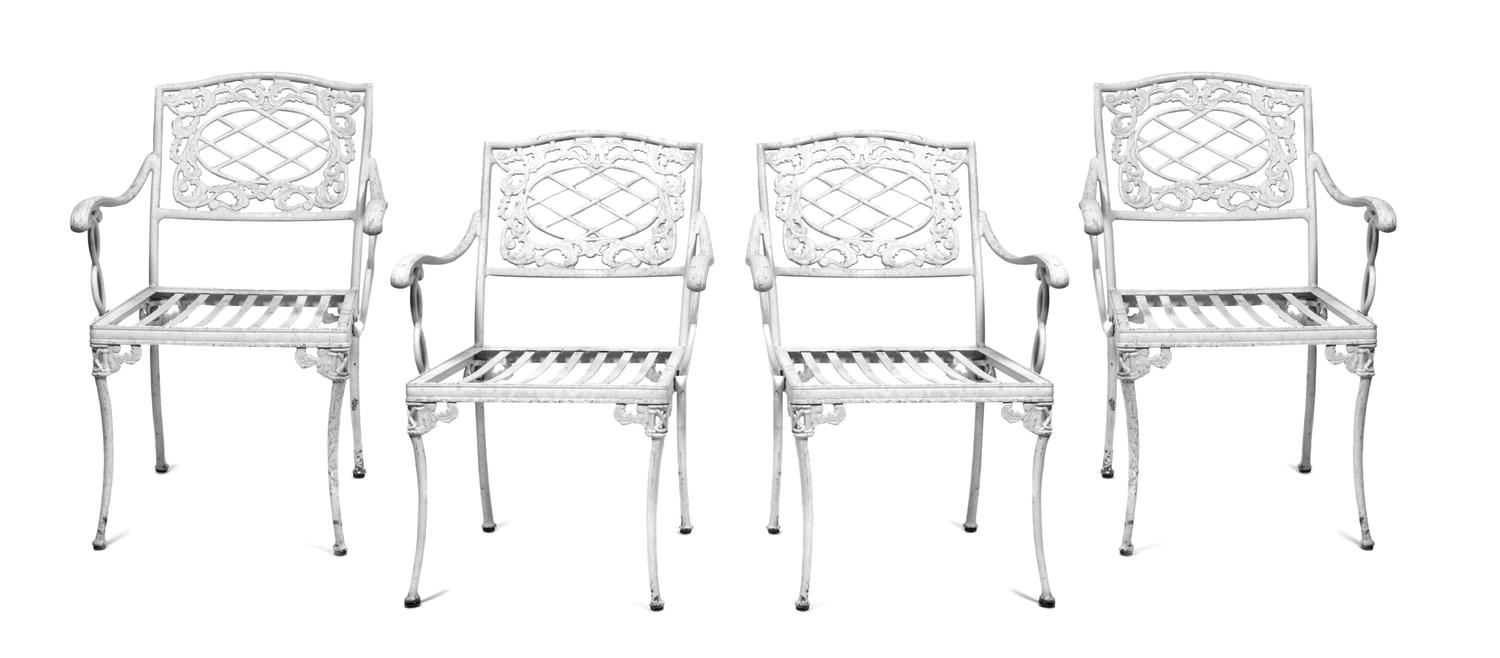 An Assembled Suite of White Painted Garden Furniture Height of table 29 x length 85 x depth 37 inches.