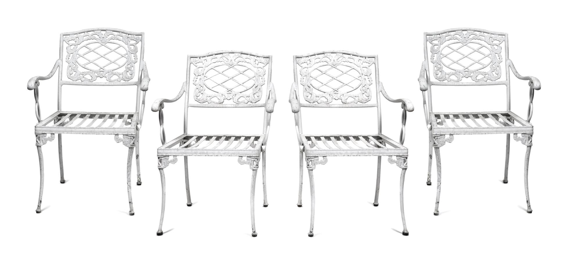 An Assembled Suite of White Painted Garden Furniture Height of table 29 x length 85 x depth 37 inches.