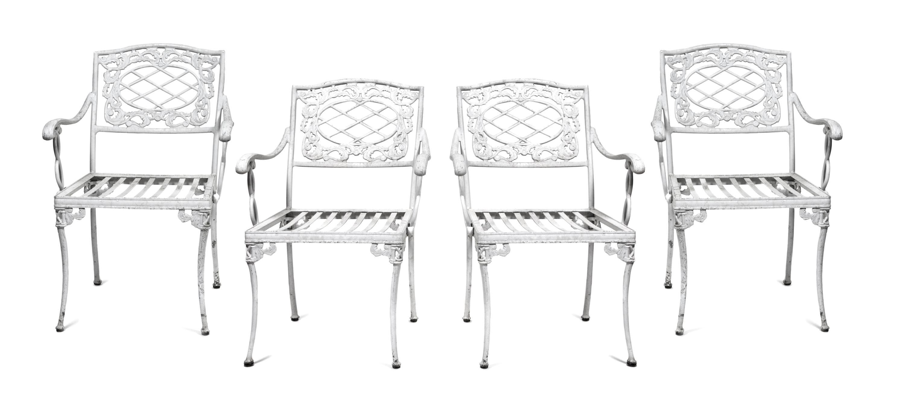 An Assembled Suite of White Painted Garden Furniture Height of table 29 x length 85 x depth 37 inches.