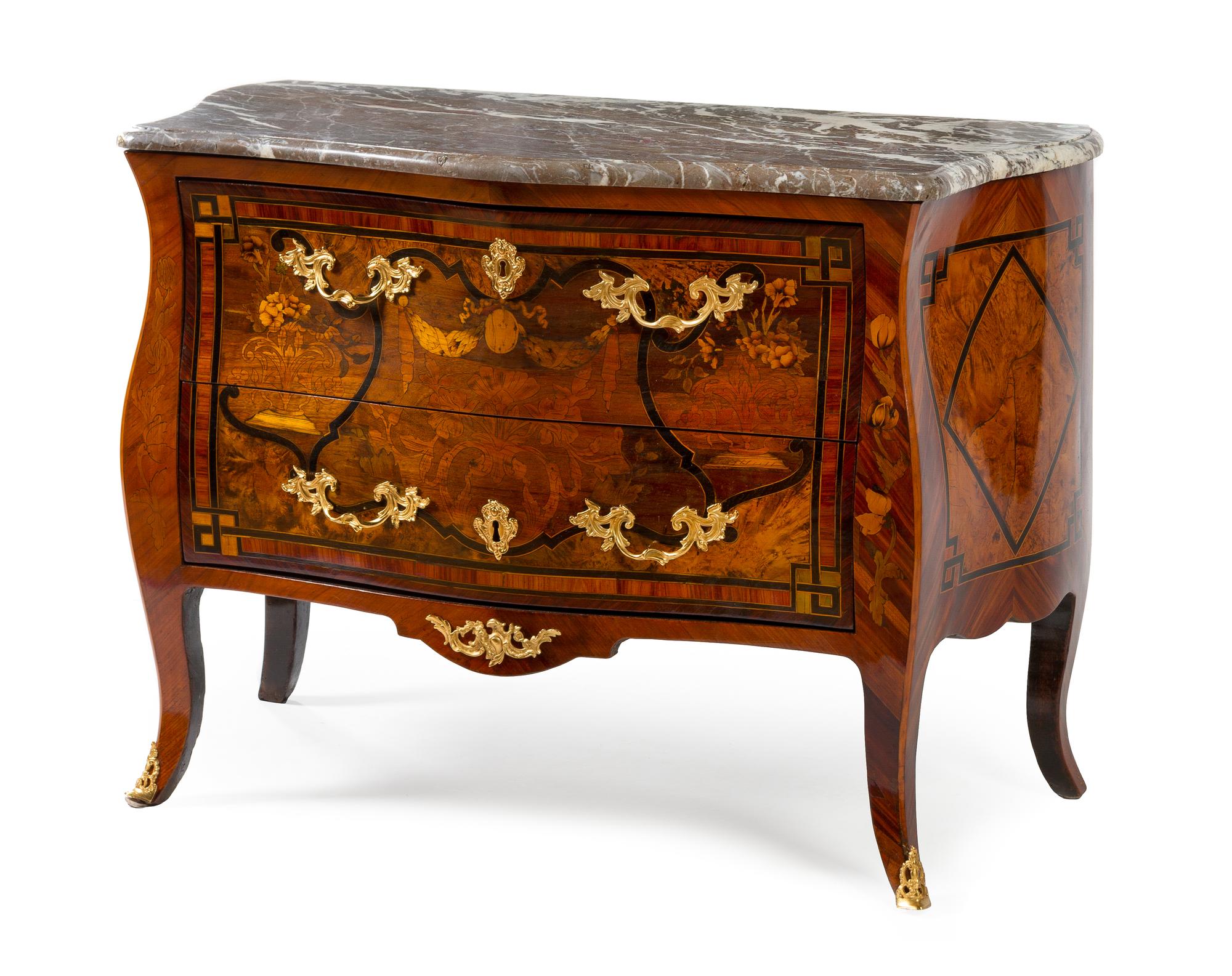 A Louis XV Gilt Bronze Mounted Marquetry Commode Height 32 x width 43 1/2 x depth 23 inches. — 18TH CENTURY