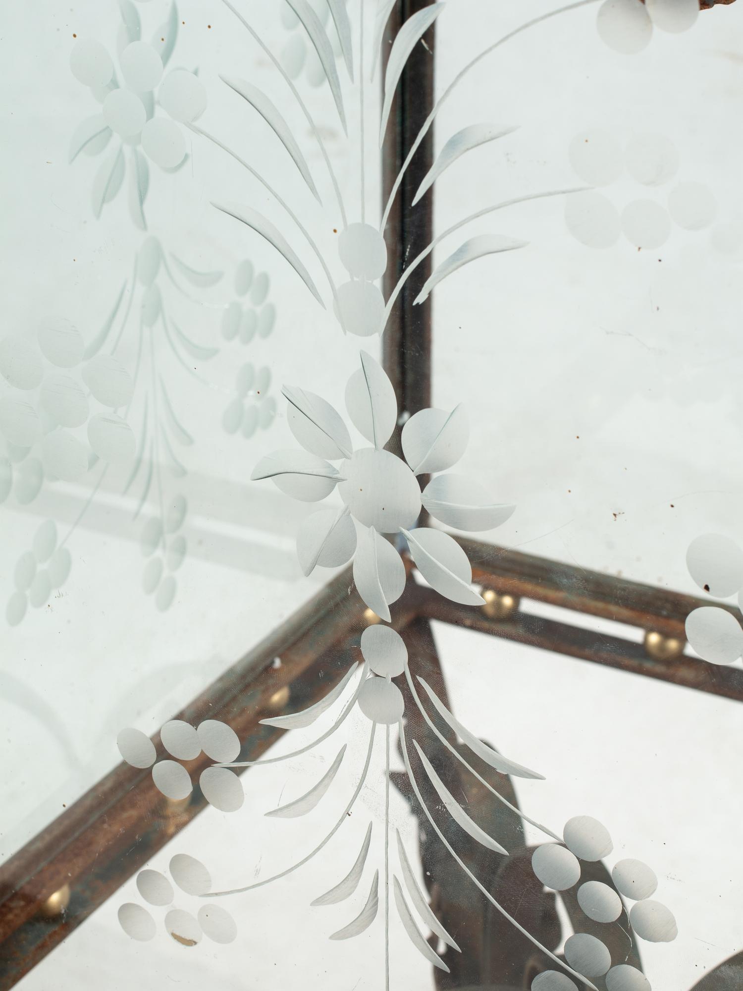A Pair of Large Continental Wrought Iron and Etched Glass Lanterns