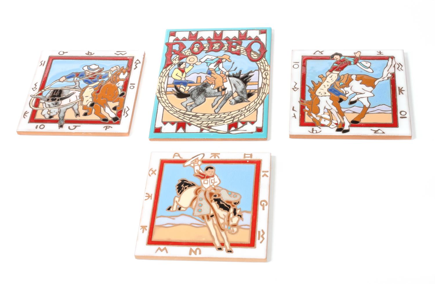 Group of Four Ceramic Rodeo Cowboy Tiles Largest 8 x 6 inches