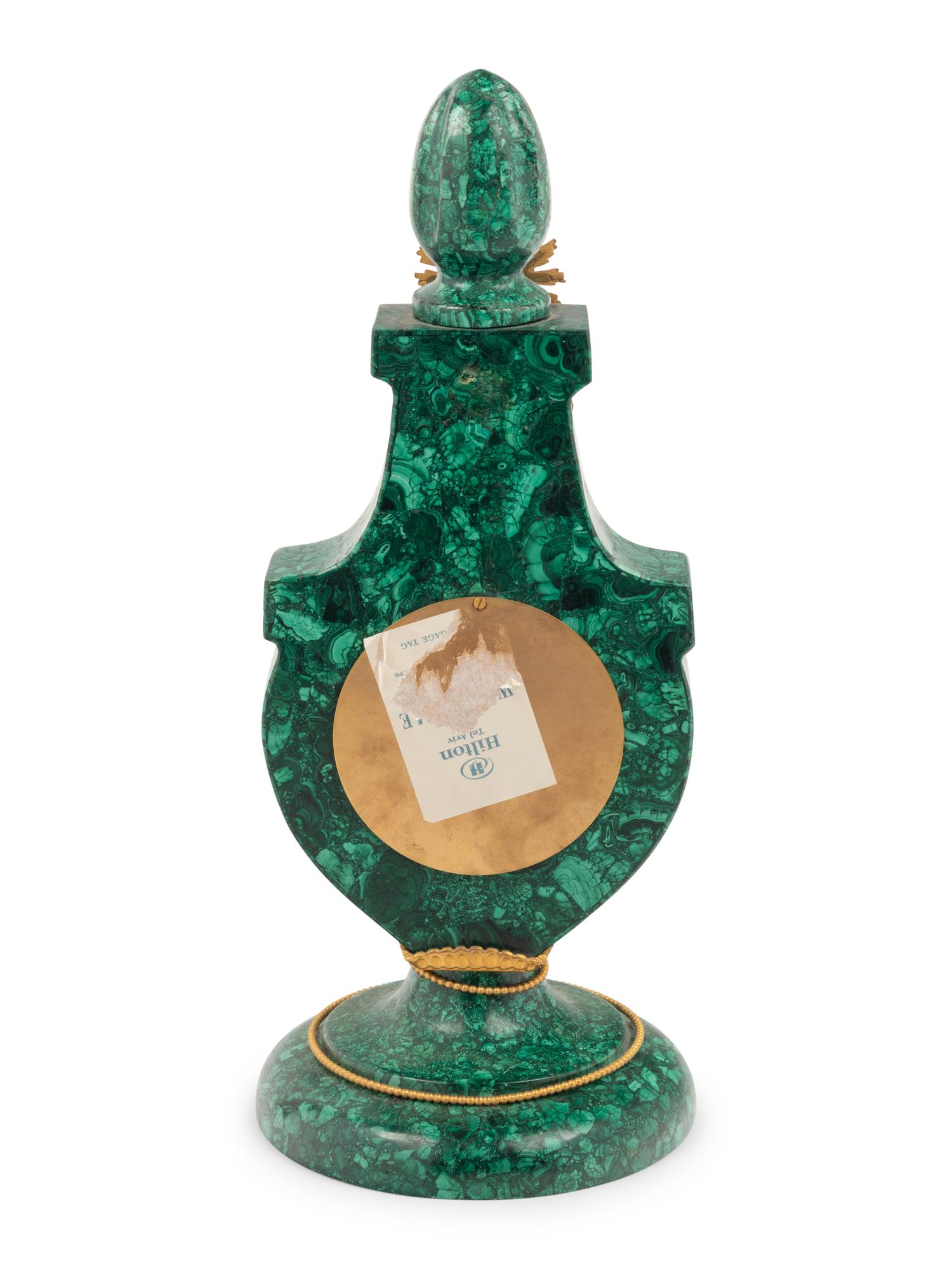 An Empire Style Gilt Bronze Mounted Malachite Lyre-Form Clock