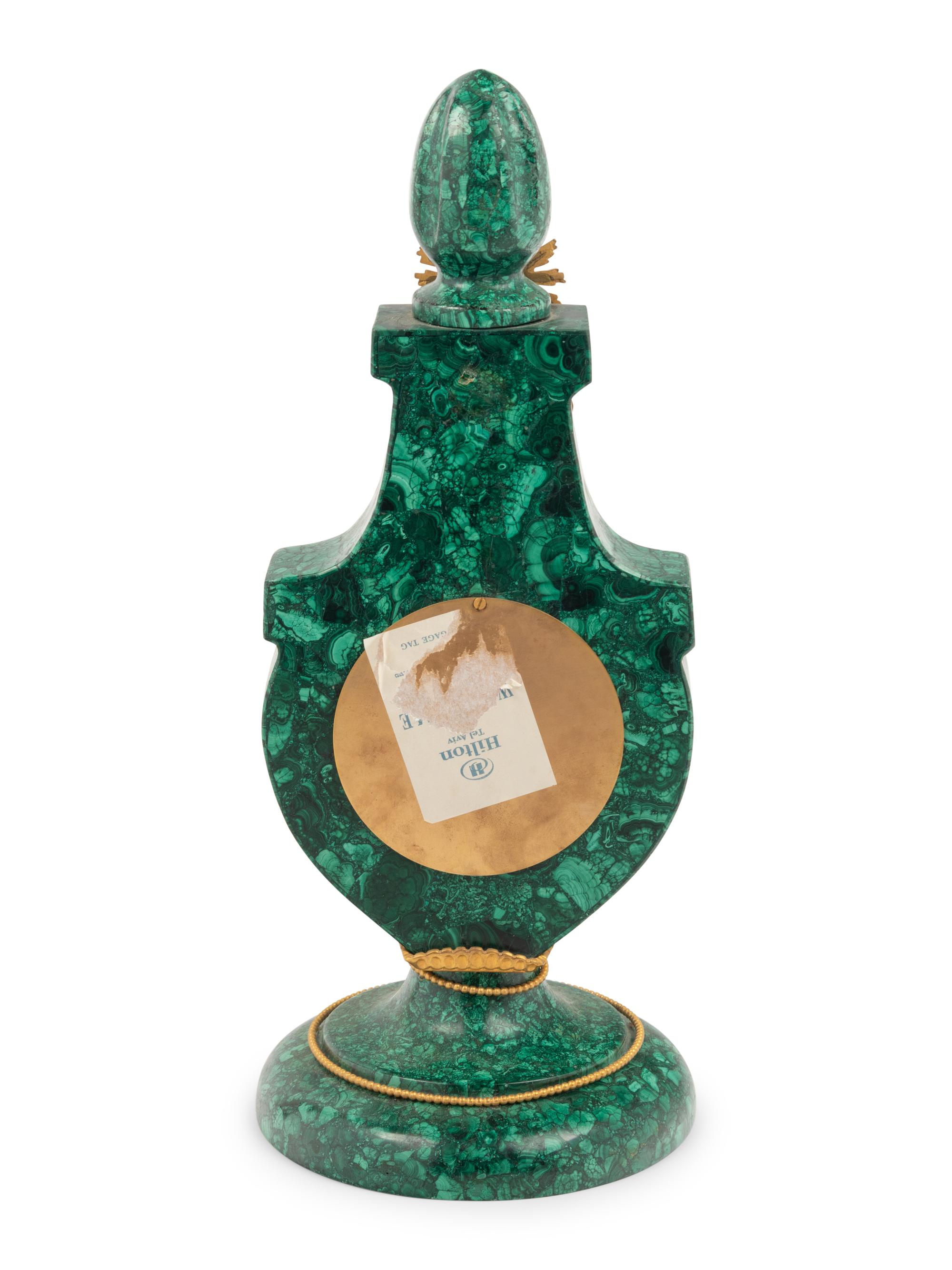 An Empire Style Gilt Bronze Mounted Malachite Lyre-Form Clock