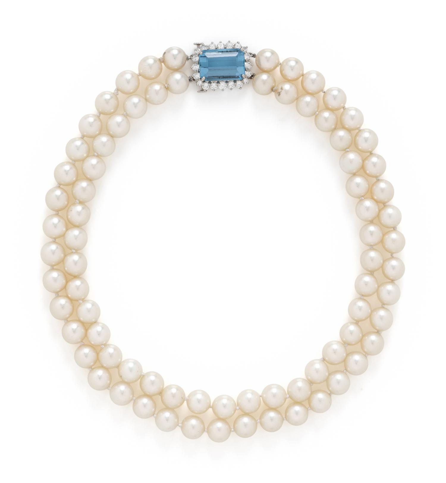 DOUBLE STRAND CULTURED PEARL, AQUAMARINE, AND DIAMOND NECKLACE