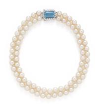 DOUBLE STRAND CULTURED PEARL, AQUAMARINE, AND DIAMOND NECKLACE