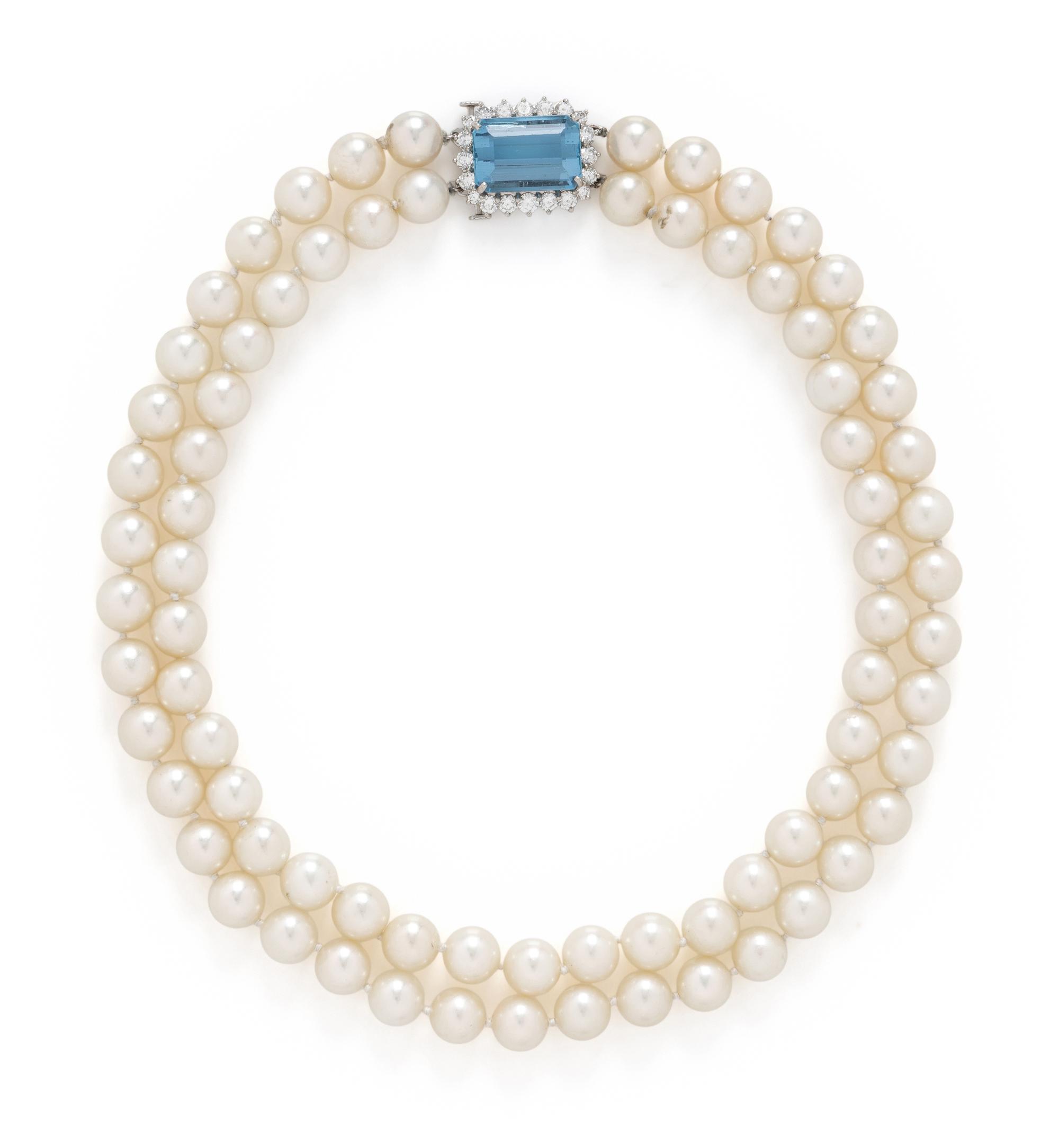 DOUBLE STRAND CULTURED PEARL, AQUAMARINE, AND DIAMOND NECKLACE