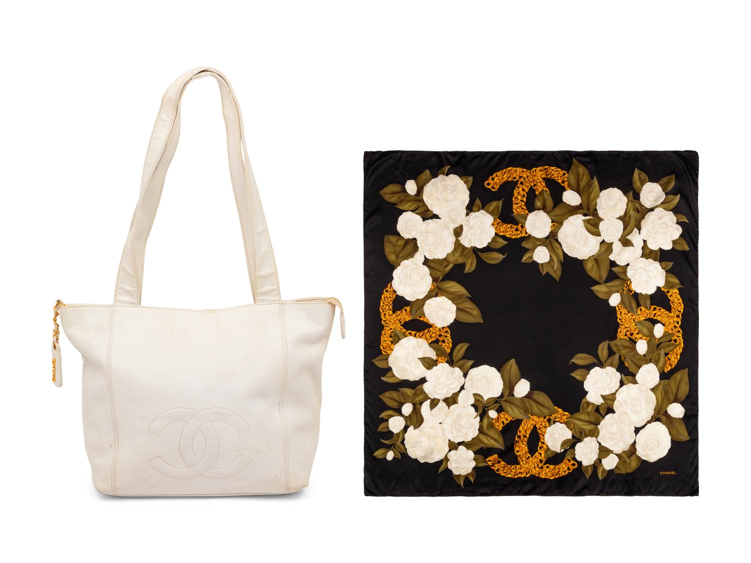 Chanel, White Leather Handbag & Silk Scarf